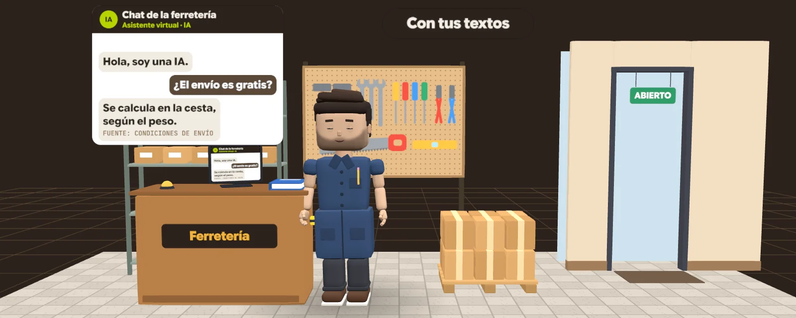 Animación: Rafael García Briz, de ferretero, descubre que el chatbot de su tienda, sin supervisar, ha prometido el envío gratis siempre; llega un cliente a reclamarlo y tiene que cumplirlo; le da al chatbot los textos de la tienda, que desde entonces avisa de que es una IA, contesta con ellos y lo que no sabe se lo pasa a él