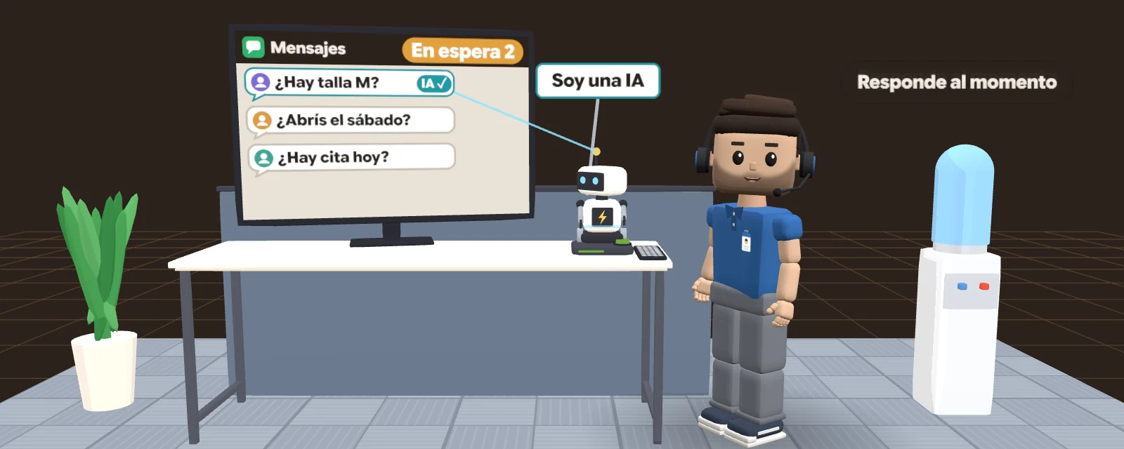 Animación: Rafael García Briz, de teleoperador con cascos, no da abasto con los mensajes de los clientes hasta que activa un asistente de IA rápido que contesta al momento las consultas de siempre, avisa de que es una IA y le pasa a él la delicada