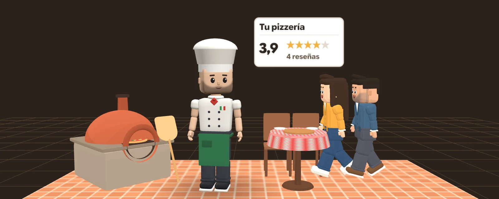 Animación: Rafael García Briz, de pizzero, saca una pizza del horno y la sirve; los clientes se van sin dejar reseña hasta que activa un mensaje automático al salir y sus estrellas llegan a la ficha; rechaza a un vendedor de reseñas falsas y responde con calma a una reseña mala