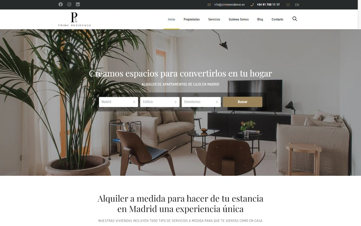 Web de Prime Residence, apartamentos de lujo en alquiler en Madrid, en escritorio