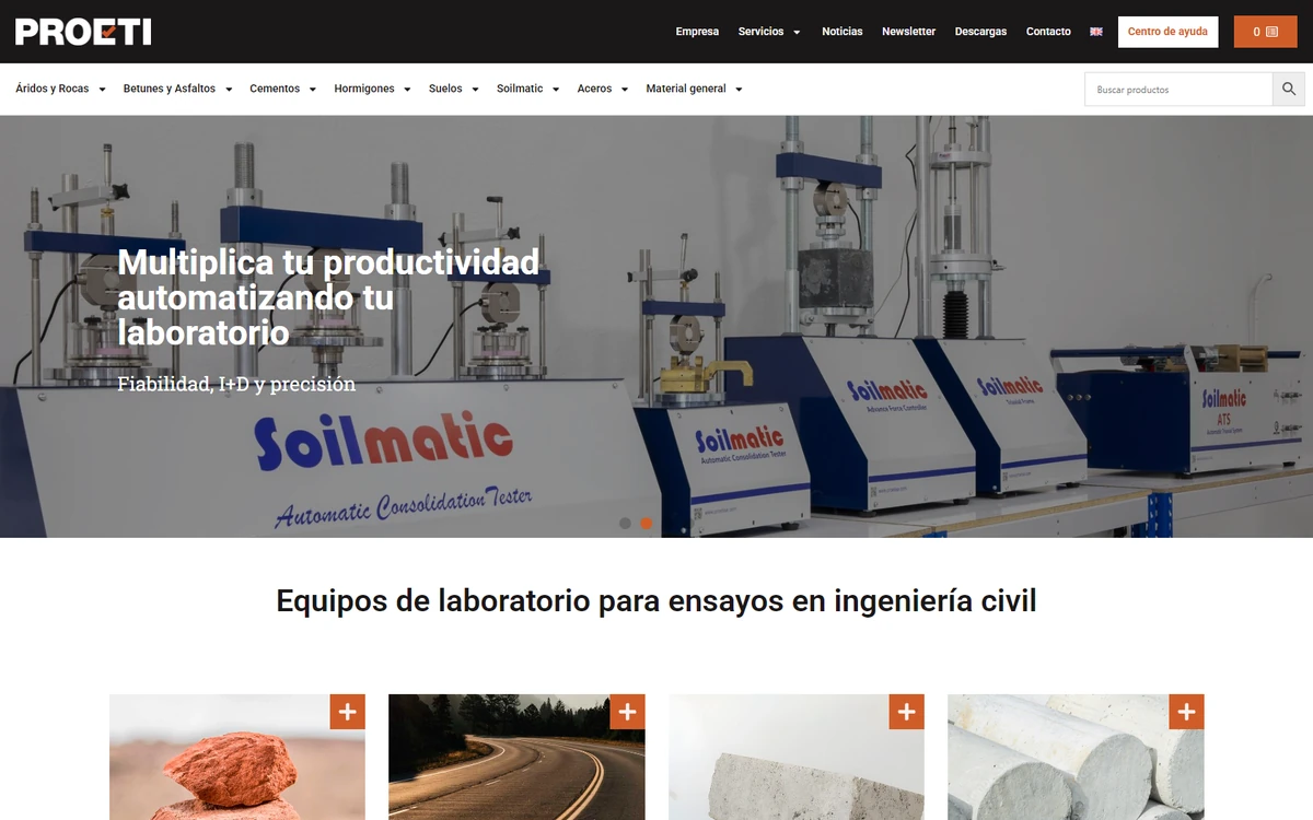 Web de PROETI, equipos de laboratorio para ensayos, en escritorio