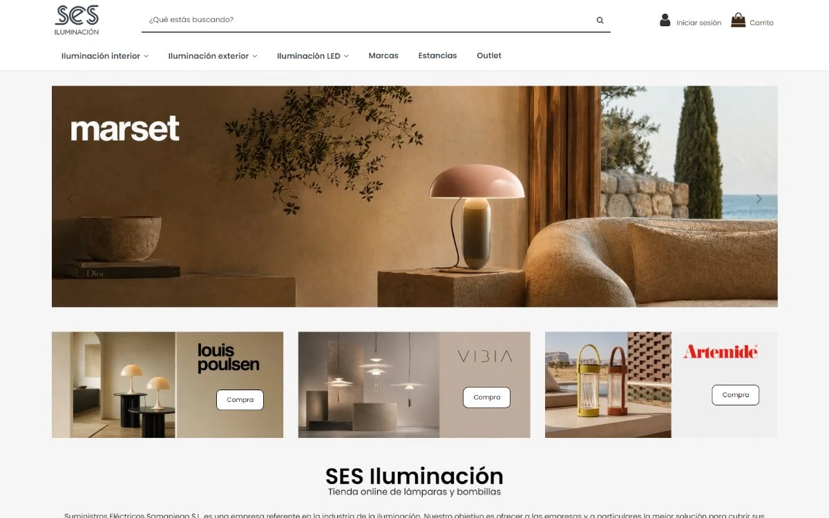 Tienda online de SES Iluminación, hecha en PrestaShop, en escritorio